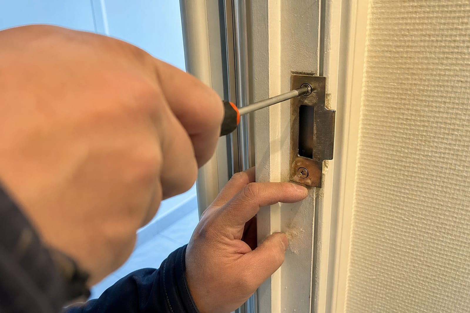 mains réglant gâche de porte d'appartement